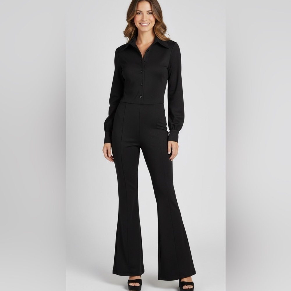 Charades 90s Does 70s Dagger Collar  Black Bell Bottom  Jumpsuit